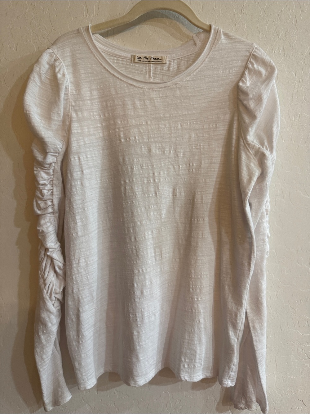 We The Free Cream Textured Ruched-Detail Long Sleeve Top